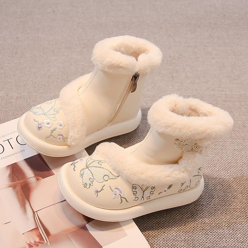 Girls' Traditional Chinese Cotton Shoes with Hanfu Horse-faced Skirt Cotton Boots Exquisite Plush Snow Boots