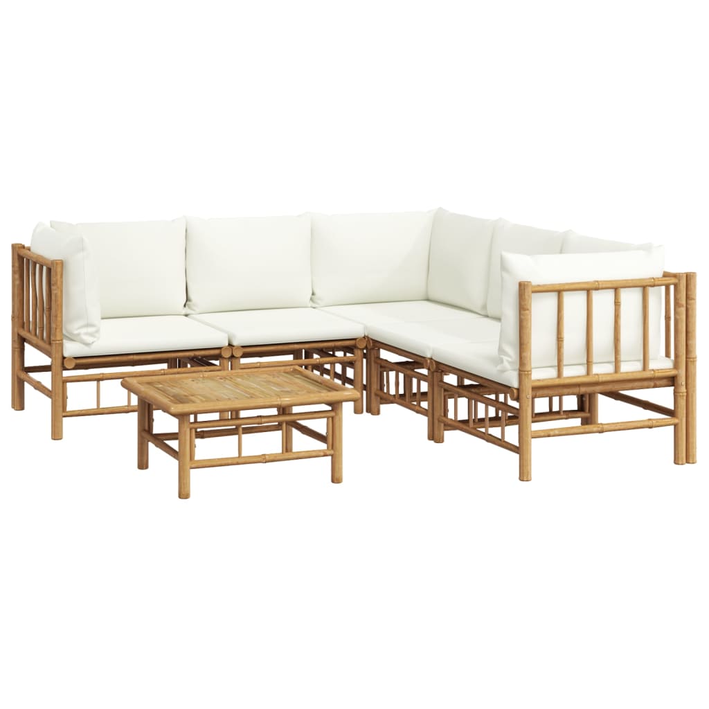6 Piece Garden Lounge Set with Cream Colored Cushions Bamboo
