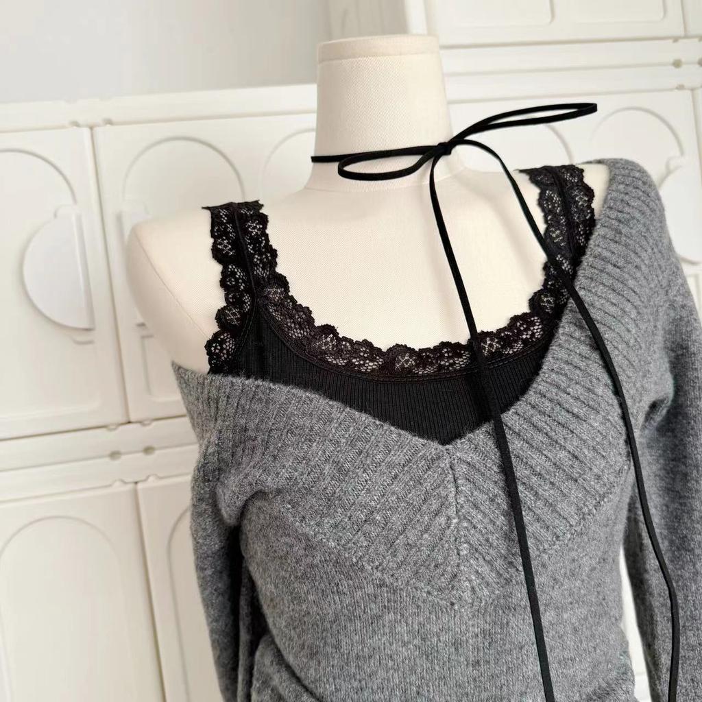 Французский Ретро Элегантный Y2k Комплект из 3 предметов Женский Винтажный Однотонный Свитер с Длинным Рукавом + Кружевной Повседневный Жилет + Клетчатая Шикарная Юбка Осень 2024