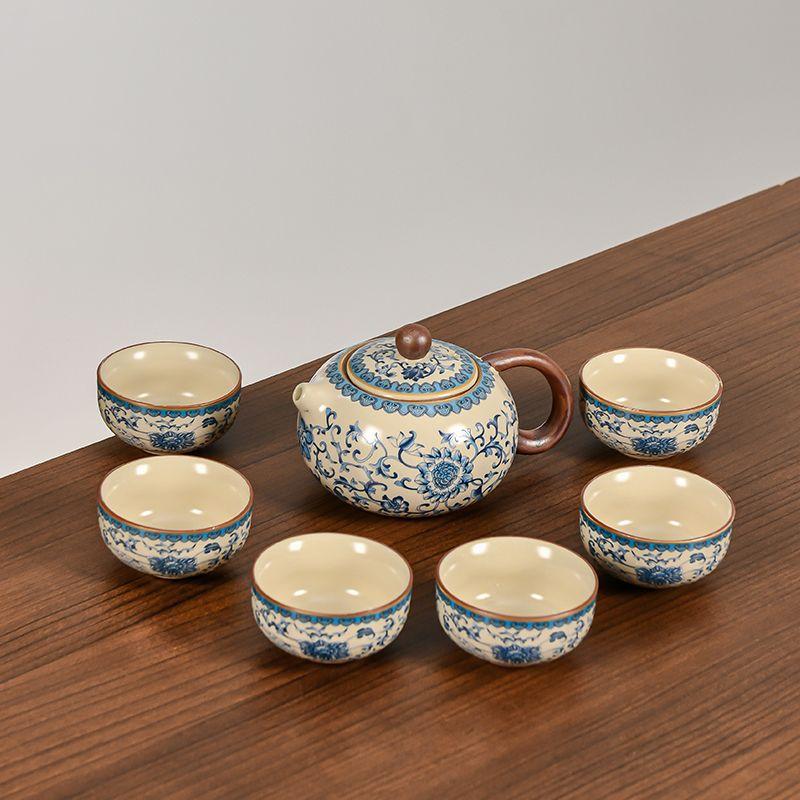 Chinese Ru Kiln Blue and White Teapot Home Vintage Handmade Ceramic Handle Pot Kung Fu Tea Set Tea Infuser