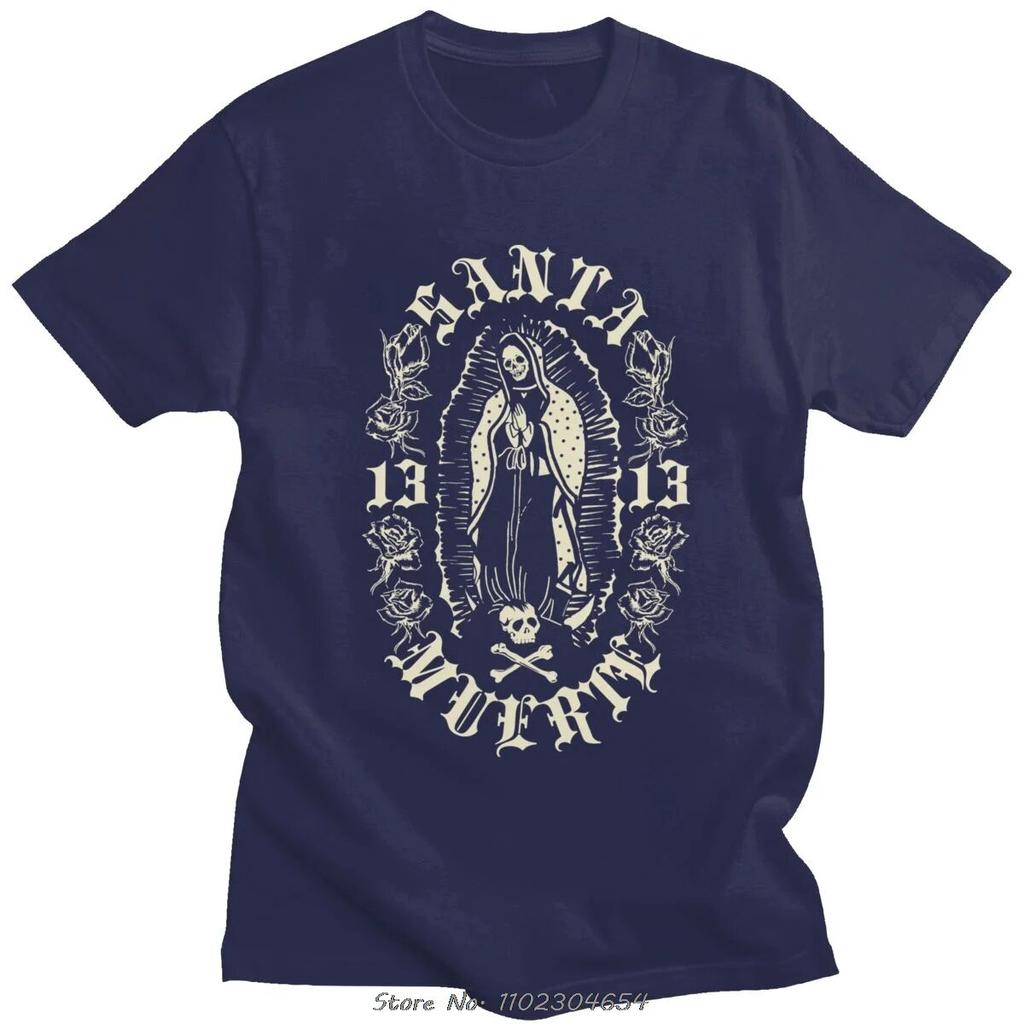 Готические футболки Santa Muerte 13, унисекс, хлопковая футболка Lady of Holy Death, мексиканская футболка с черепом, уличная футболка с короткими рукавами в стиле хип-хоп