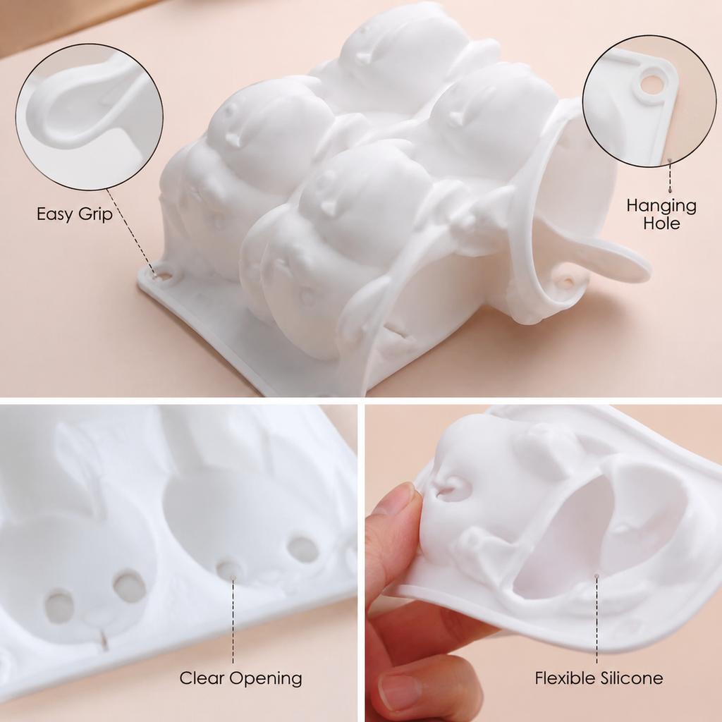 Bunny Silicone Mold 6-Cavity 3D White Flexible Dessert Form for Mousse Jelly Pudding Mini Cakes and Cute Home Baking Treats