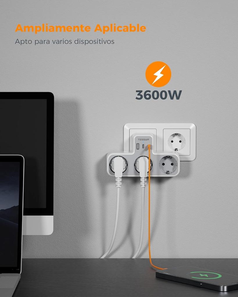 Tessan Multiple Wall Socket with 2 USB C 1 USB A Ports, 6 In 1 USB Adapter with Overload Protection for Smartphone,Tablet