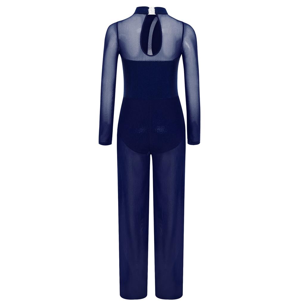 Girls Long Sleeve Keyhole Back Sheer Mesh Patchwork Wide Leg Metallic Jumpsuit Full Body Leotard