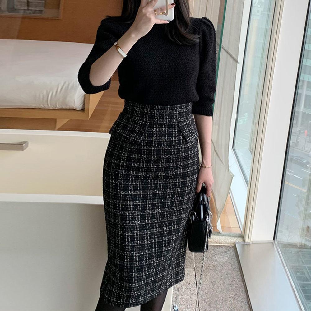 Женские юбки из твида для офиса, средней длины, с высокой талией, в деловую клетку, элегантная юбка-карандаш с одной ногой Faldas