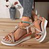 Fashion Casual Wedge Heel High-heeled Women's Sandals Bohemian Style Hand Woven Color Blocked Elastic Band Open Toe Beach Shoes