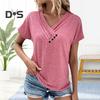 Женская футболка с V-образным вырезом, коротким рукавом, свободный крой, пуговицы, декор, однотонный пуловер, топы, повседневная одежда