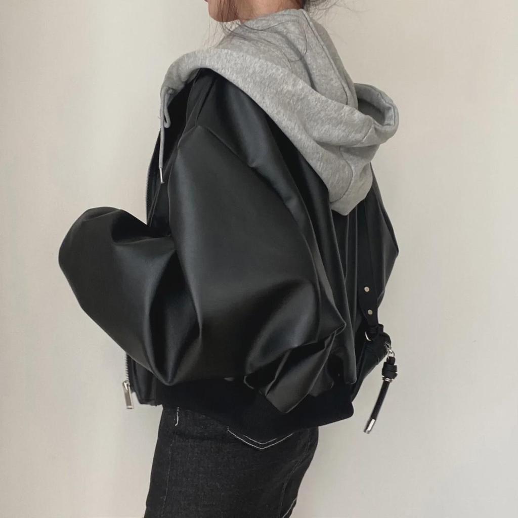 Корейская шикарная ретро-кожаная куртка на молнии с двойными карманами