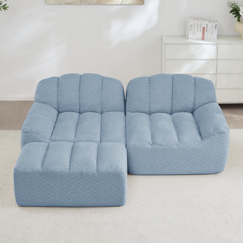 2-Seater L-Shaped Modular Boneless Sofa, Shell Shape, Deep Seat Cushions with 1 Ottoman, Sofa for Living Room, No Assembly Required, Blue