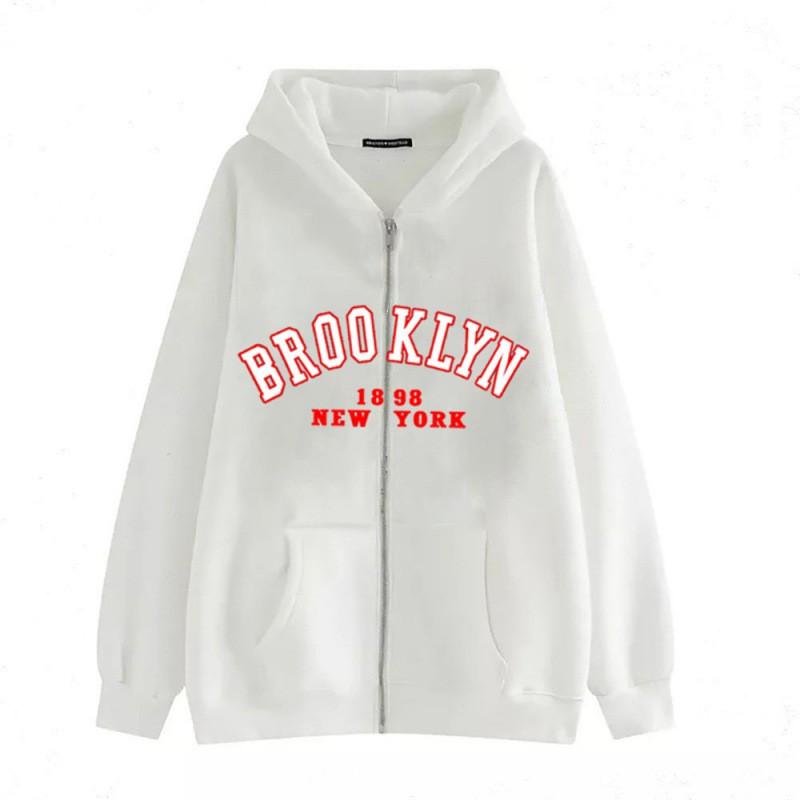 Zip-Up Hooded Sweatshirt Women Loose Fit Streetwear Geometric Print Cotton Long Sleeve Oversized Pullover