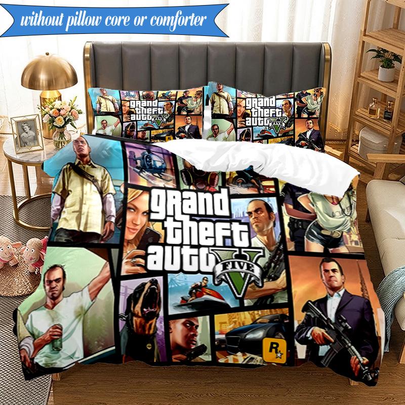 3PCS Theft Auto Printed Bedding Set For Bedroom dormitory, Includes 1 Duvet Cover & 2 Pillowcases for All Seasons Home Decor Fan gifts