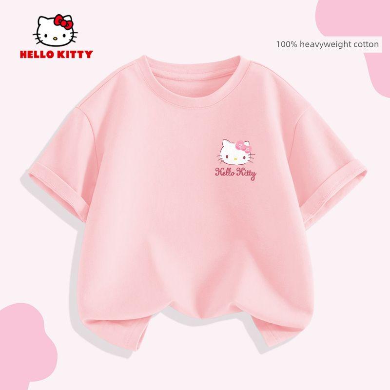Детская футболка с коротким рукавом Hello Kitty Лето 2026 Новая универсальная розовая детская футболка Модный тренд лета для девочек