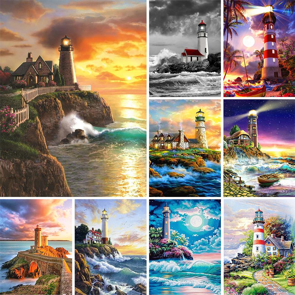 5D DIY Diamond Painting Landscape Rhinestone Cross Stitch Kit Diamond Embroidery Coastal Lighthouse Mosaic Picture Decoration