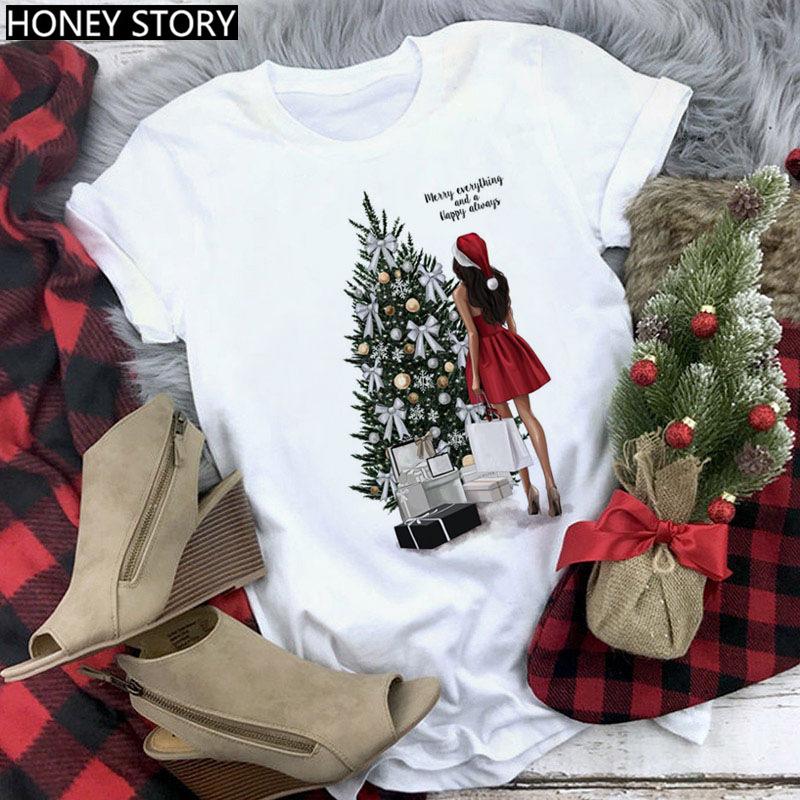 Kawaii Cartoon Merry Christmas Tree Graphics Women T-Shirts 90S Summer Short Sleeves Loose Round Neck Female Y2K Tops
