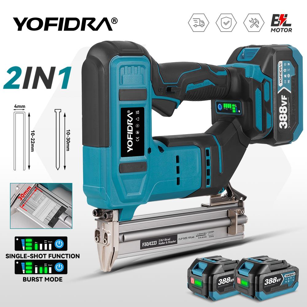 Yofidra Brushless 30mm Electric Nail Gun 2in1 Nailer/Stapler Gun Cordless Framing Nailer Tacker Tool For Makita 18V Battery Pins