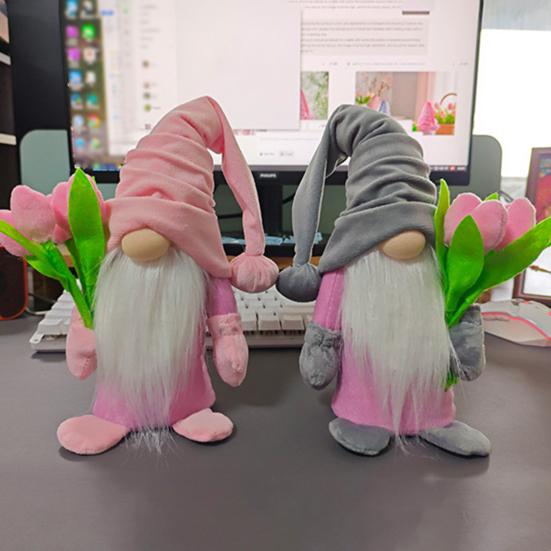 Valentine's Day Plush Gnome with Pink Tulips Spring Stuffed Gnome Doll for Tiered Tray Fireplace Table Decor Gifts for Her Wife Teacher Girls