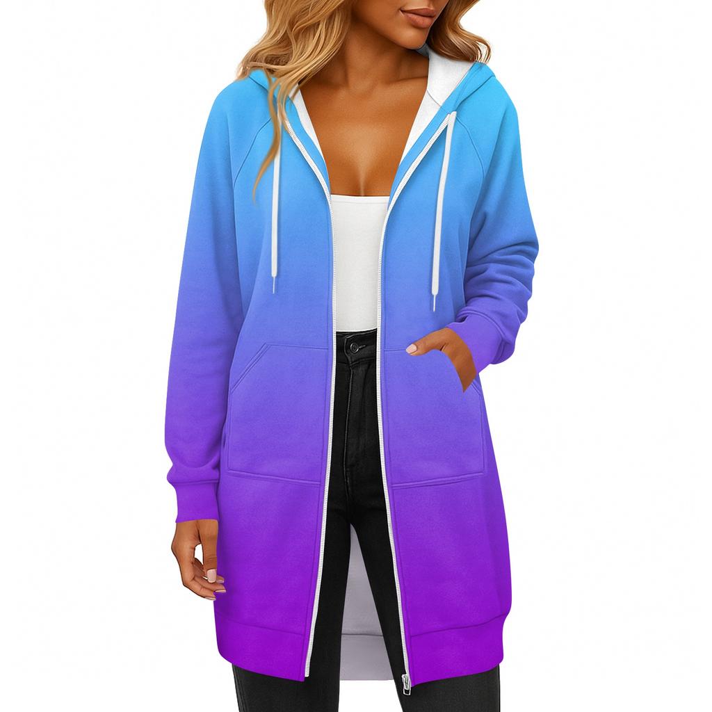 Women's Fashionable Printed Long Sleeved Drawstring Hooded Zipper Pocket Long Casual Sweatshirt Jacket