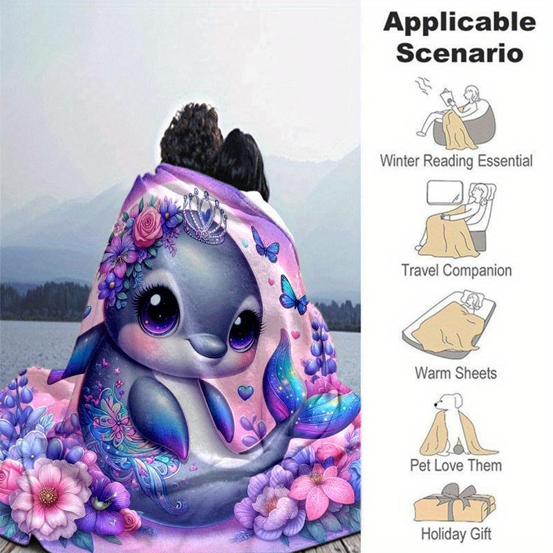 1pc Dolphin Printing Lightweight Flannel Blanket, Comfortable and Warm Blanket, for Camping Sofa Bed and Couch Office, Suitable for Gift Blan