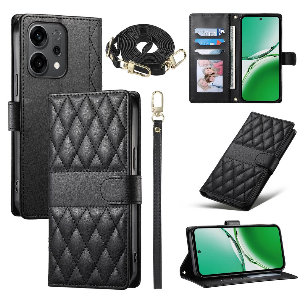 Для Oppo Reno14 5G (Глобальный) Чехол Кошелек с ромбовидной прострочкой Подставка Кожаный чехол для телефона с длинным/коротким ремешком