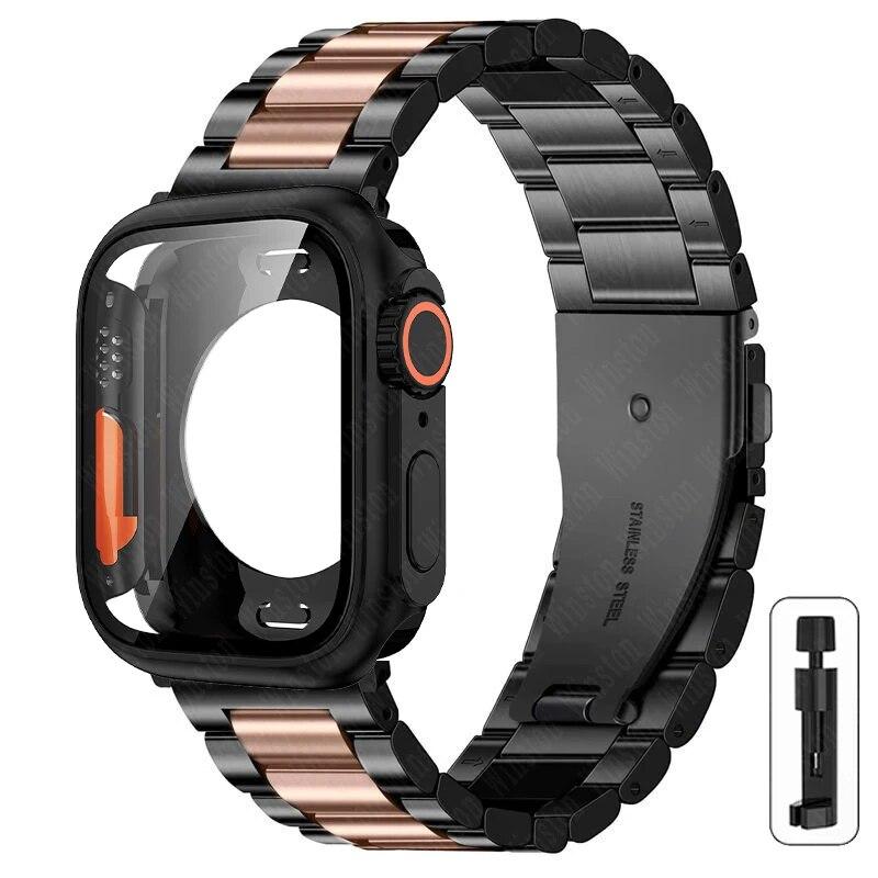 Ремешок+корпус из нержавеющей стали для Apple Watch 44мм 45мм 41мм 40мм Улучшенный ТПУ корпус Iwatch Series 9 8 7 6 SE 5 4 Металлический браслет