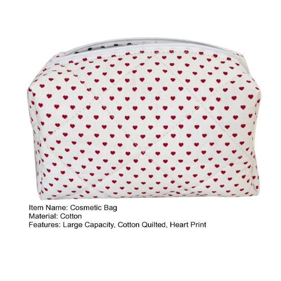 Косметичка Большой емкости Застежка-молния С сердечным принтом Хлопковая стеганая портативная легкая губная помада Коричневый карандаш Кисть для макияжа Дорожная косметичка