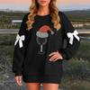 Ladies' Christmas Printed Bow Round Neck Long Sleeved Loose Pullover Sweater Sweatshirt Top
