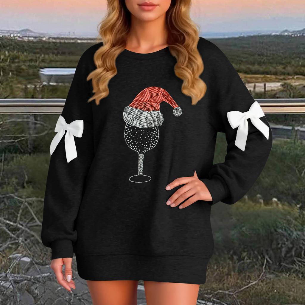 Ladies' Christmas Printed Bow Round Neck Long Sleeved Loose Pullover Sweater Sweatshirt Top
