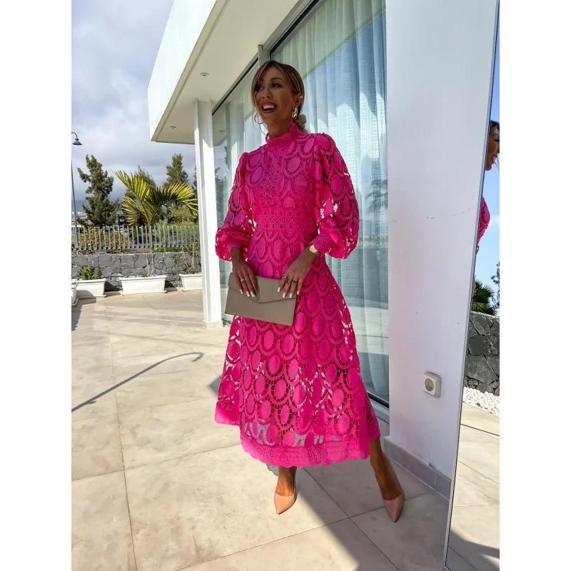 VEZFAA Women's Fashion Spring Fall Solid Color Print Long Sleeve Half Turtleneck High Waist Casual Dresses