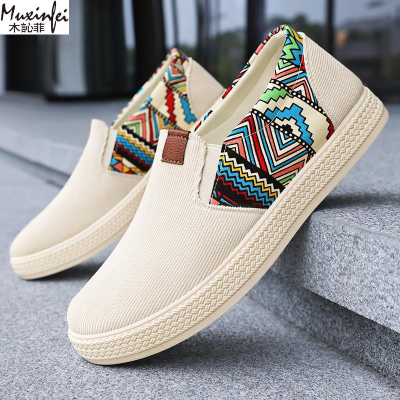 Мужская летняя обувь Дышащие парусиновые повседневные кроссовки Мужская одинарная обувь Этнический стиль Трендовая мужская тканевая обувь Распродажа