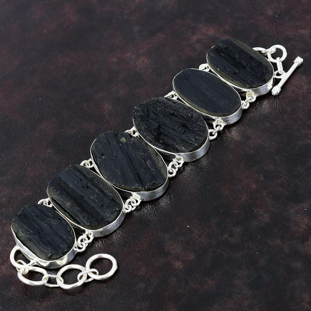 Браслет из черного турмалина, браслет из натурального драгоценного камня, браслет из стерлингового серебра 925 пробы, регулируемый браслет-цепочка, ювелирные изделия ручной работы для подарка