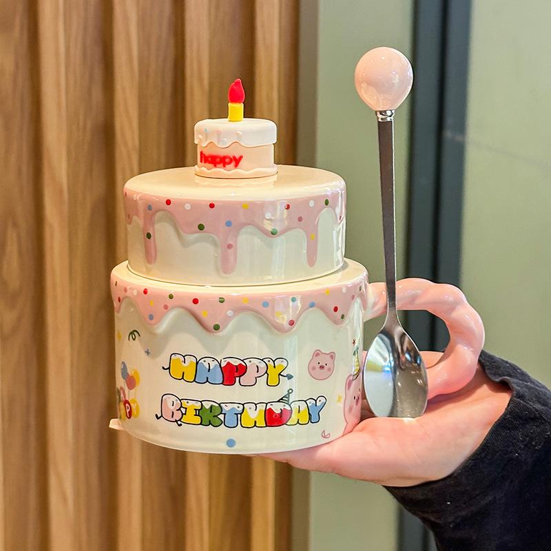 Cute Birthday Cake, Ceramic Mug, Girl Girlfriend, High-value Gift, Practical and High-end Cup Gift Box.