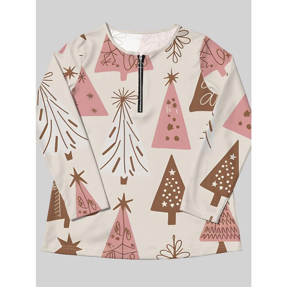 Spring and autumn women's semi-zipper long-sleeved T-shirt pink brown Christmas tree pattern printing, daily casual basic wear
