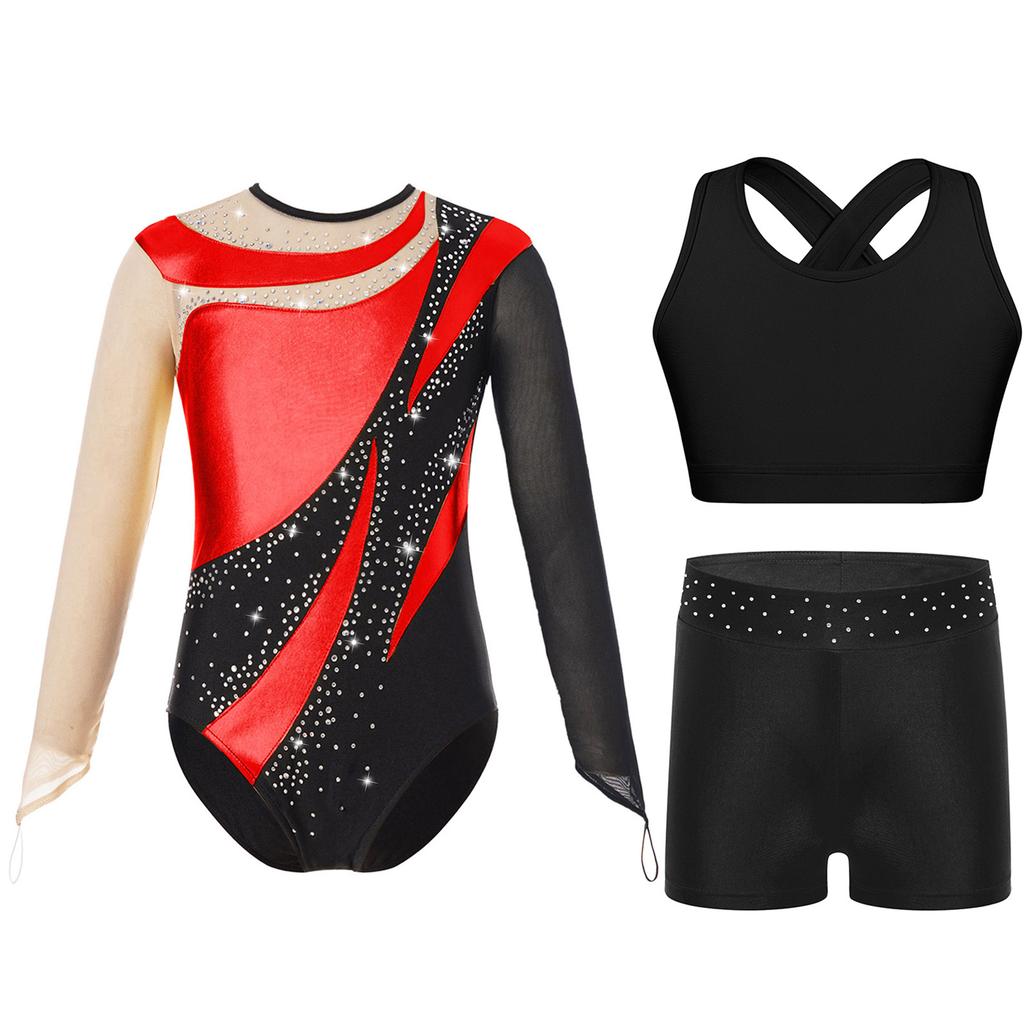 Гимнастический купальник для девочек и детей с шортами, с длинным рукавом, для акробатики, балета, танцев, юнитард с активным жилетом