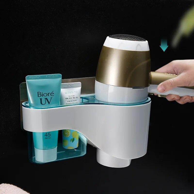 Клейкая стойка для фена 2-в-1 с органайзером для хранения инструментов, настенное крепление, наклейка, пластиковый туалет, ванная комната, без дрели