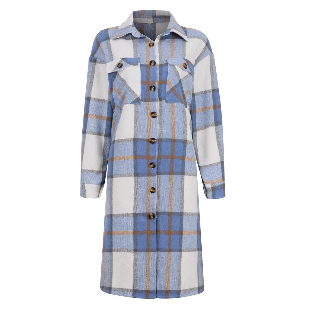 Fashion Women's Casual Loose Grinding Wool Plush Plaid Long-sleeved Jacket Overcoat