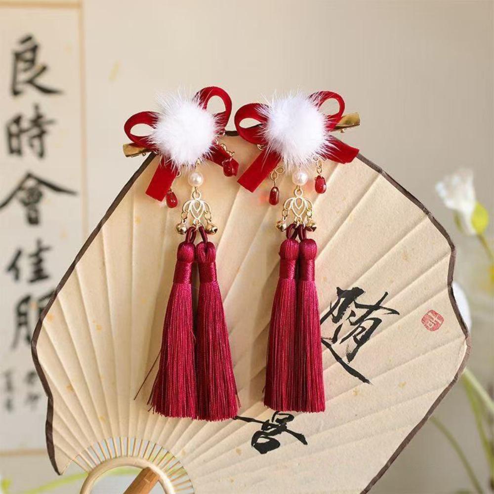 Red Chinese Style Ancient Hairpin Pearl Chinese New Year Side Clip Hanfu Hair Clip  Women