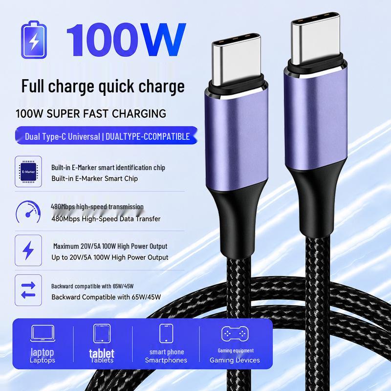Быстрозарядный кабель PD USB-C на USB-C, 60 Вт/100 Вт, одинарный Г-образный, Male-Male, 3 А/5 А
