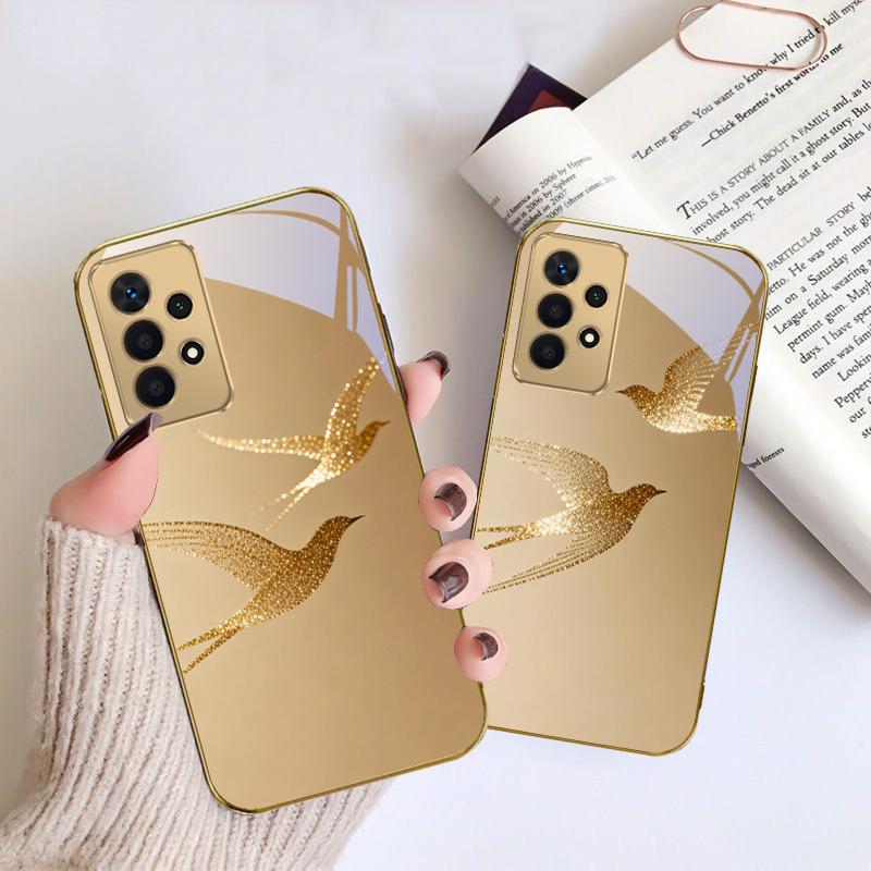 golden flying bird For Samsung A 01 52S A04 A05S A10 A12 A13 22 23 24 36 42 M02 Note 10 20Ultra 8 9 Golden glass phone case