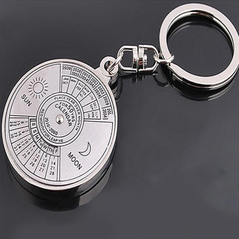 50 Years Perpetual Calendar Keychain Silver Alloy 360 Degree Rotation Calendar Key Chain Ring Keyfob Anniversary Creative Gift