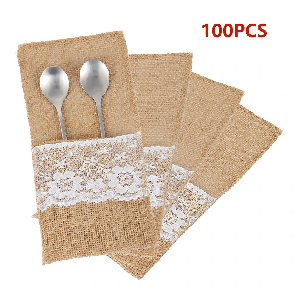 Natural Burlap Tableware Utensil Holders Lace Silverware Holder Bag Linen Knife Forks Cutlery Pouch Bag for Wedding Decor