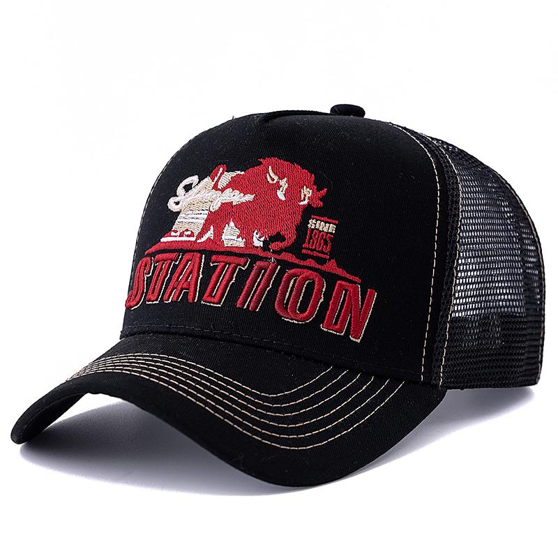 Летняя рыболовная кепка STATION Letter унисекс, дышащая сетчатая кепка дальнобойщика с вышитыми большими бизонами и быками