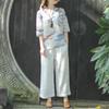 1116 summer round neck ramie print retro loose commuter top cotton and linen literary five-quarter sleeve chic T-shirt