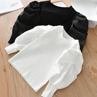 Детская пышная блузка с длинными рукавами для девочек, однотонный топ с круглым вырезом