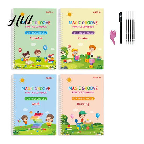 Kids Writing Practice 4Pcs Grooved Book with Pens Refills Pencil Gripper Reusable Handwriting Workbooks Alphabet Tracing Learning Children Workbook