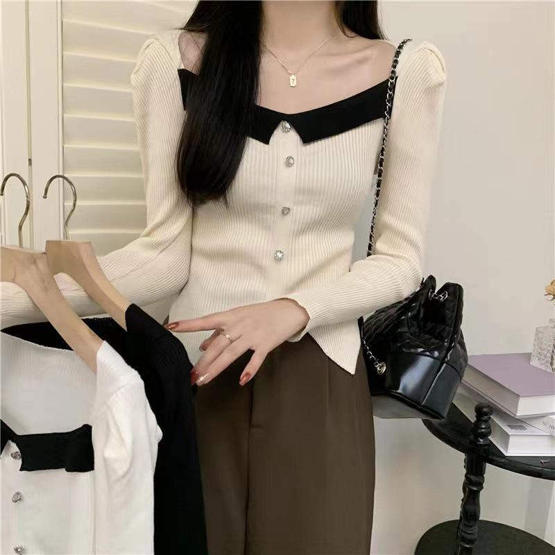 Square Neck Contrasting Color Irregular Hem Short Knit Sweater for Women Autumn and Winter Slim Fit and Slimming Long Sleeved Top for Women