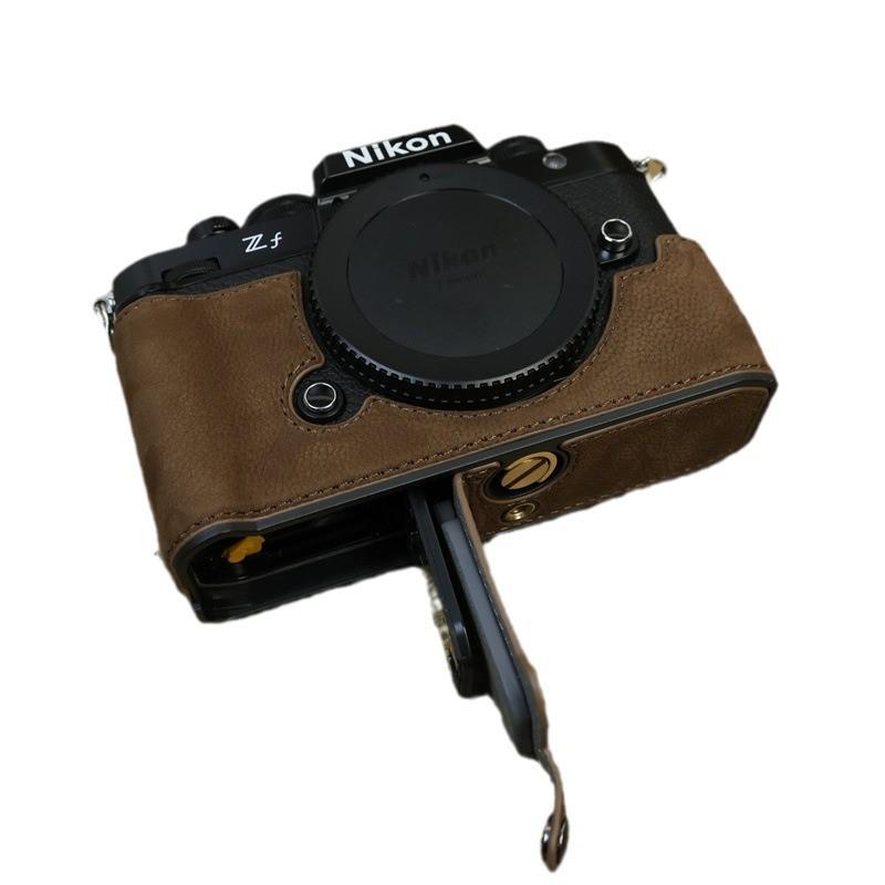 Genuine Leather Camera Case Nikon Zf - Half Sleeve Handgrip Cover With Base Mount Black Coffee Khaki