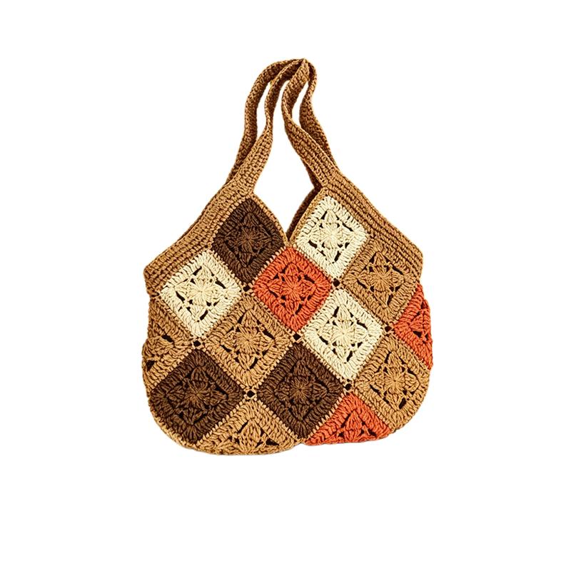 Casual Straw Paper Diamond Pattern Knitted Bag Large Capacity Color Blocking Crochet Bag Underarm Bag Women Vacation Beach Bag