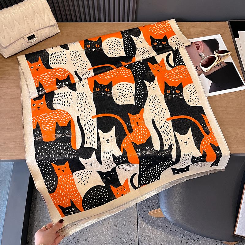 Cartoon Cat Contrasting Colors Double-Sided Imitation Cashmere Scarf Winter High-End Warm Shawl Women