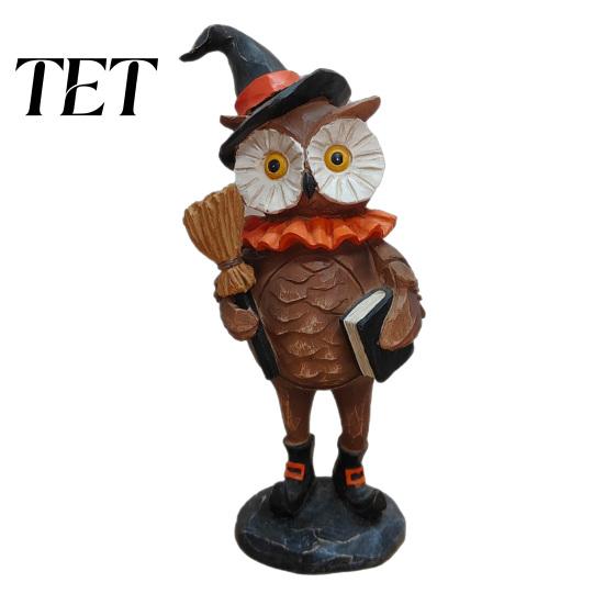 Holiday Fireplace Mantel Decor Wooden Halloween Resin Figurines, Pumpkin Scarecrow Wizard Owl Black Cat Atmospheric Festival Ornaments Statue, Rustic