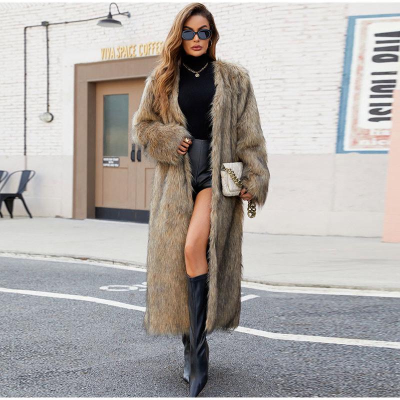 Женские шубы из искусственного меха с длинным рукавом, с открытым швом, длинные куртки с V-образным вырезом, плотное пальто, элегантная женская верхняя одежда на осень и зиму